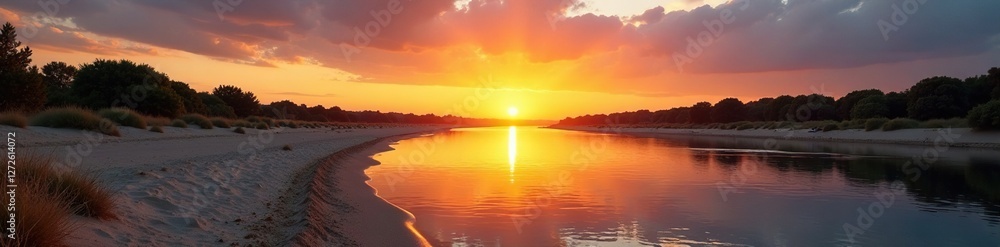 Il tramonto sul fiume con una spiaggia deserta, giallo, albero secco, spiaggia deserta Il tramonto sul fiume con una spiaggia deserta, giallo, albero secco, spiaggia deserta