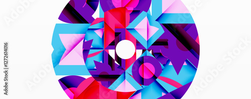 Abstract geometric artwork with interwoven angular and curved shapes, dynamic composition with smooth gradients and bold contrasts