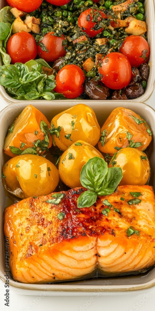 White tray with salmon dish and tomatoes featuring food preparation techniques and instructions White tray with salmon dish and tomatoes featuring food preparation techniques and instructions