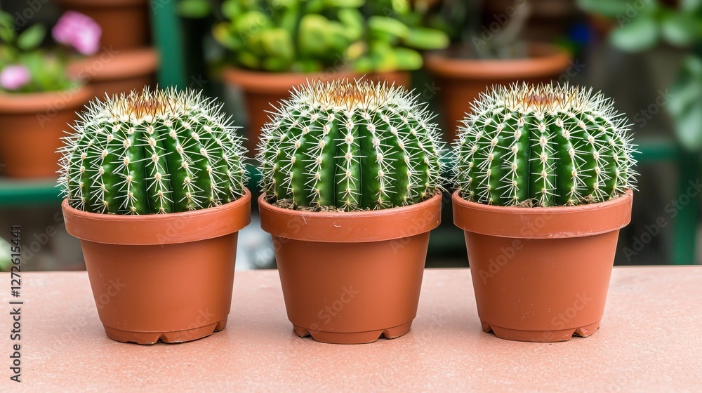 Three vibrant potted cacti arranged on a table in a lush garden setting