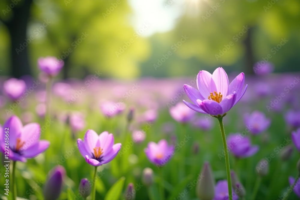 Springtime scene with a field of purple glicine flowers swaying gently in the breeze, spring, floral, blooming Springtime scene with a field of purple glicine flowers swaying gently in the breeze, spring, floral, blooming