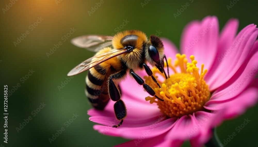 Black and yellow striped bee collecting nectar from a flower, collecting, striped