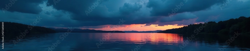 Dark ominous clouds gather over a lake at dusk, water, nighttime Dark ominous clouds gather over a lake at dusk, water, nighttime