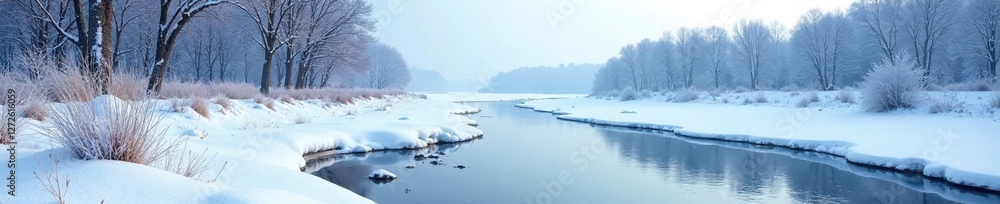 Snowy winter landscape with a frozen river and bare trees in the distance, cold, serene