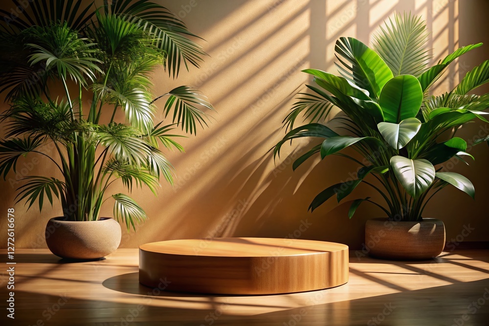 Fototapeta premium Silhouette of Tropical Plants on Round Wooden Display Platform Against Beige Wall