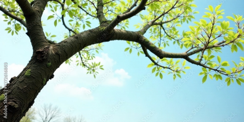 Low-angle view of a tree branch with vibrant spring leaves against a serene blue sky Low-angle view of a tree branch with vibrant spring leaves against a serene blue sky