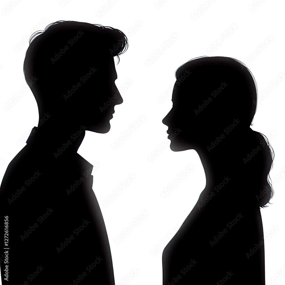 Fototapeta premium Silhouette of a couple, a romantic moment, Man and woman silhouette face to face isolated PNG