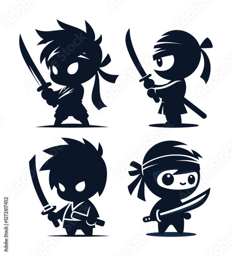 vector set silhouette of cute ninja or samurai (artwork 1)