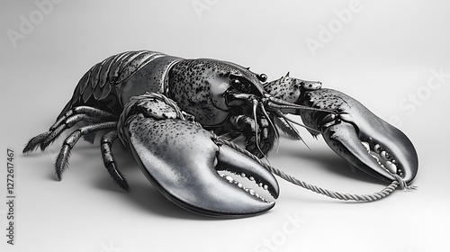 Black and white image shows a lobster with a rope photo