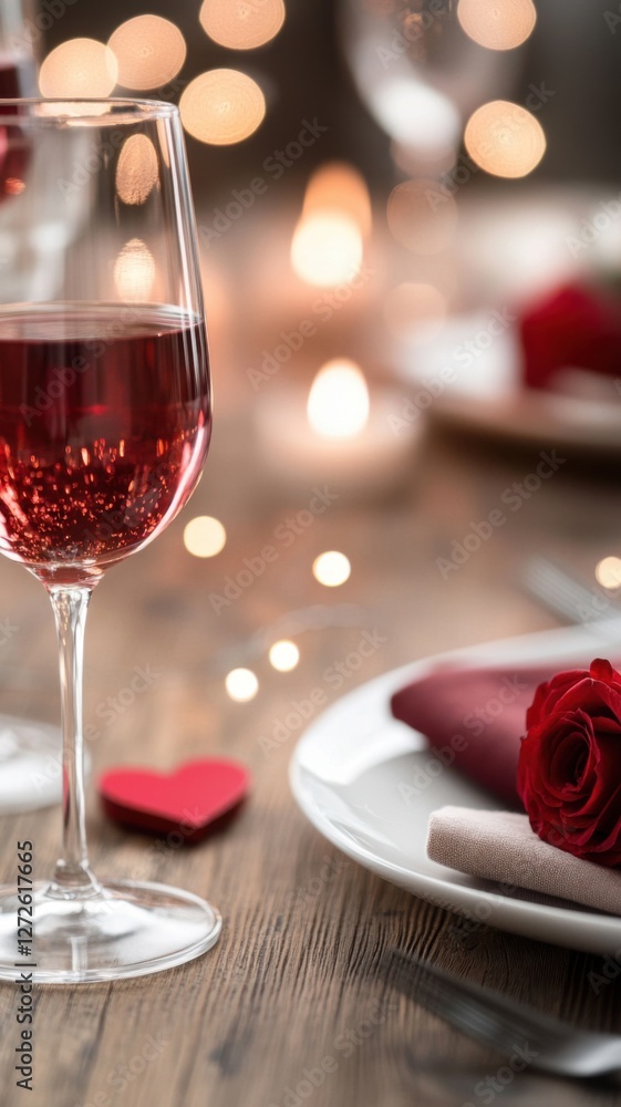 Romantic dinner setting with red wine and roses on a wooden table Romantic dinner setting with red wine and roses on a wooden table