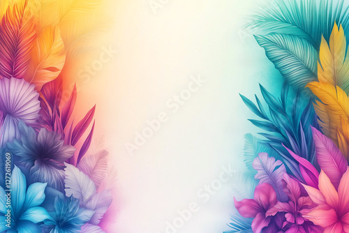 Colorful flowery border with a white background. The flowers are in various colors and are arranged in a way that creates a sense of movement and energy. Scene is vibrant and lively