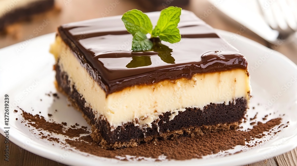 Delicious chocolate mousse cake with creamy layers and mint garnish served on a white plate : Generative AI Delicious chocolate mousse cake with creamy layers and mint garnish served on a white plate : Generative AI