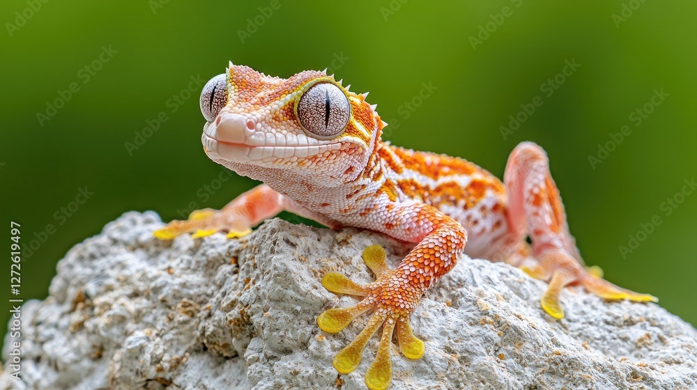 Fototapeta premium Colorful orange and white gecko perched on a rough stone with a soft green background in bright daylight.