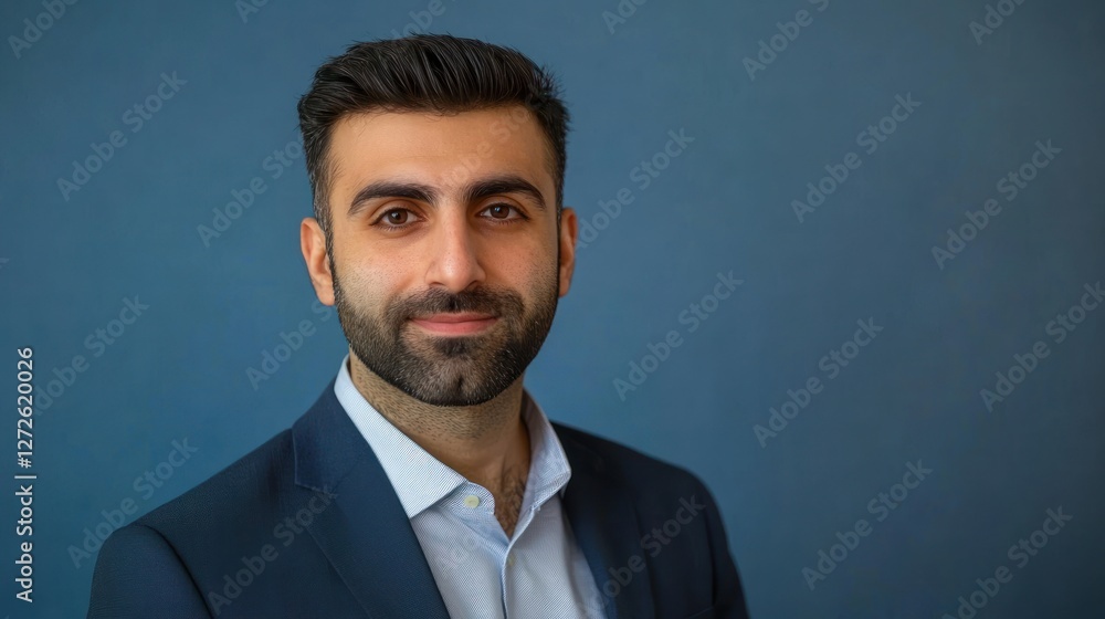 Portrait of a smiling man with dark hair and beard wearing a suit against a blue background. Portrait of a smiling man with dark hair and beard wearing a suit against a blue background.