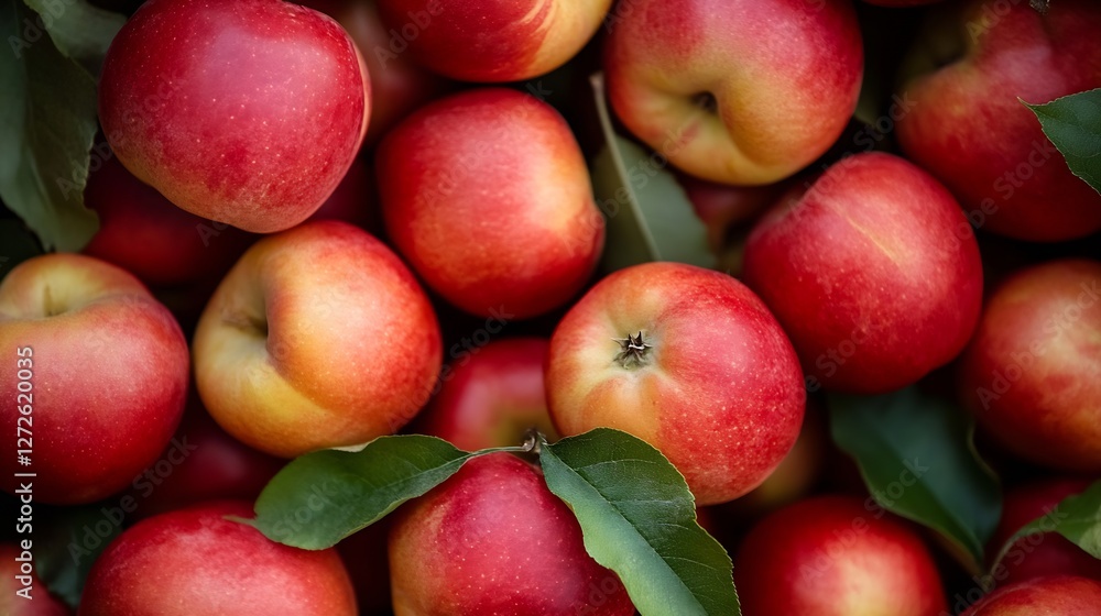 Fresh Red Apples with Green Leaves Bringing Nature's Harvest to Your Table : Generative AI Fresh Red Apples with Green Leaves Bringing Nature's Harvest to Your Table : Generative AI