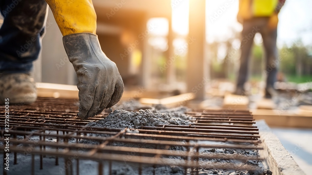 Fototapeta premium Construction worker mixing concrete on site with detailed building equipment and tools : Generative AI