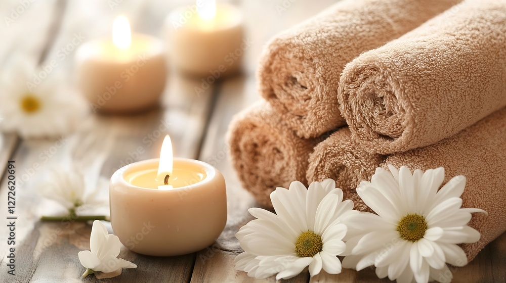 Spa Relaxation Scene Featuring Soft Towels Lit Candles and White Flowers for Ultimate Comfort and Serenity : Generative AI Spa Relaxation Scene Featuring Soft Towels Lit Candles and White Flowers for Ultimate Comfort and Serenity : Generative AI