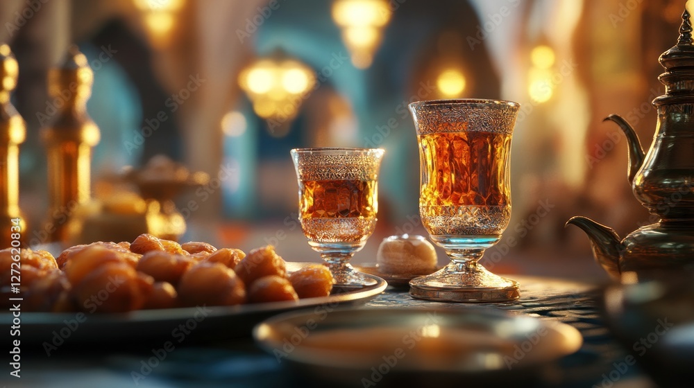 Golden Afternoon Tea Set in an Ancient Setting. Golden Afternoon Tea Set in an Ancient Setting.