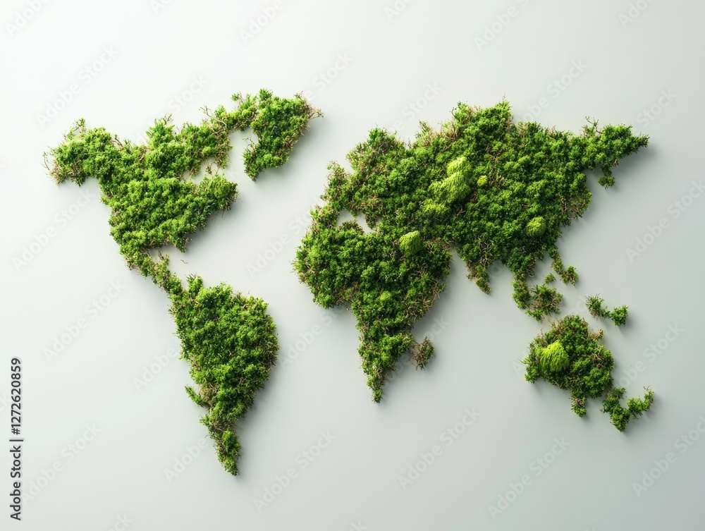 World map covered in lush green vegetation on white background