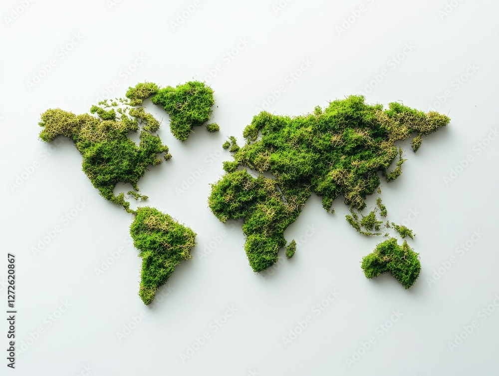 World map covered in moss on white background World map covered in moss on white background