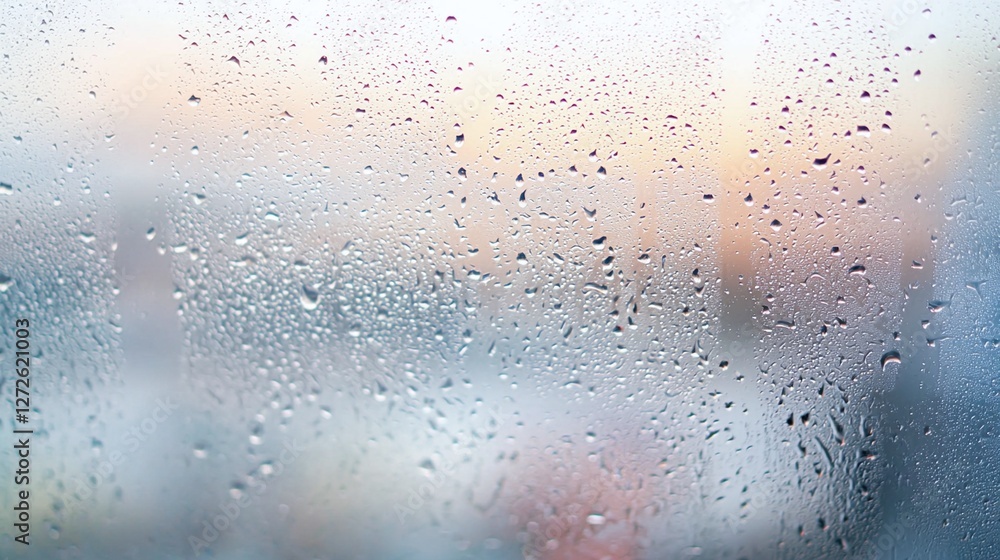 Foggy window with rain drops and textured background creating a gloomy atmosphere Foggy window with rain drops and textured background creating a gloomy atmosphere