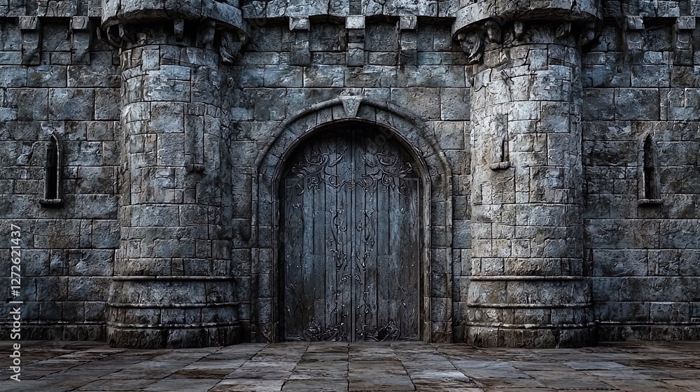 Medieval stone castle with textured walls and wooden door surrounded by lush greenery Medieval stone castle with textured walls and wooden door surrounded by lush greenery