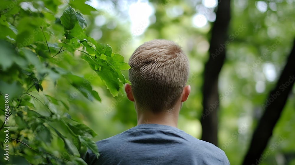 Young Boy Walking Through Lush Green Forest Surrounded by Trees : Generative AI Young Boy Walking Through Lush Green Forest Surrounded by Trees : Generative AI