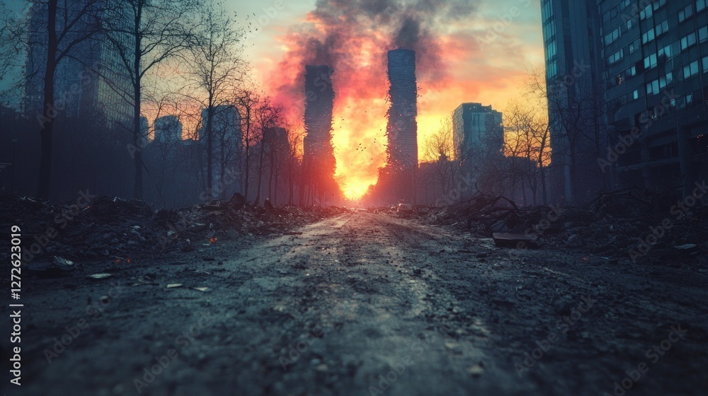 Post Apocalyptic Cityscape Desolate Road Crumbling Skyscrapers Fiery Sunset Post Apocalyptic Cityscape Desolate Road Crumbling Skyscrapers Fiery Sunset