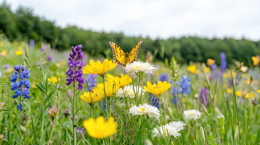 Fototapeta premium Yellow butterfly resting on a white wildflower in a vibrant summer meadow filled with colorful lupines and daisies.