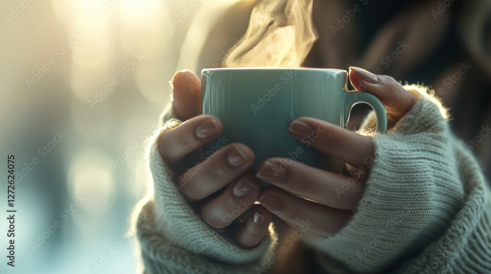 A person in a cozy sweater holds a steaming cup of hot coffee or tea, radiating warmth and comfort. A person in a cozy sweater holds a steaming cup of hot coffee or tea, radiating warmth and comfort.