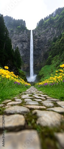 Hiking to waterfall via stone path, flowers, and forest, potential for nature tourism or travel promotion photo