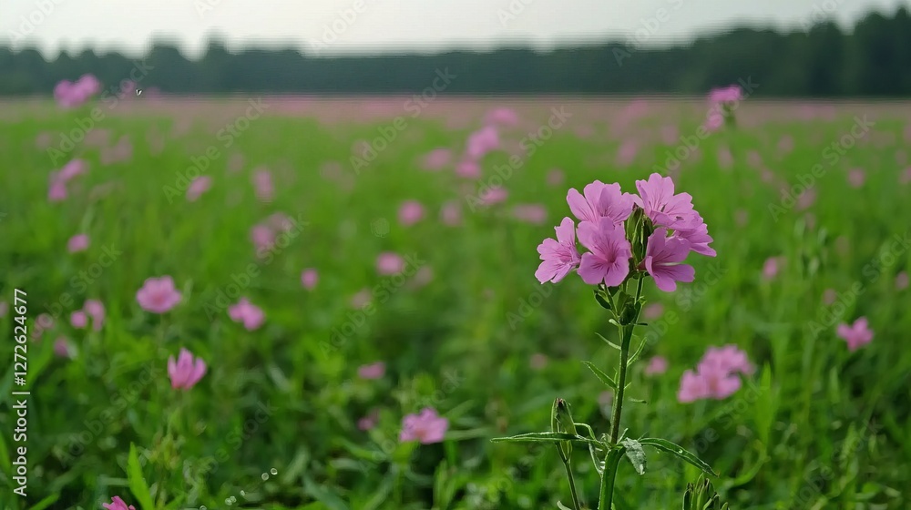 Vibrant field of pink wildflowers swaying gently in the breeze under a soft sky Vibrant field of pink wildflowers swaying gently in the breeze under a soft sky