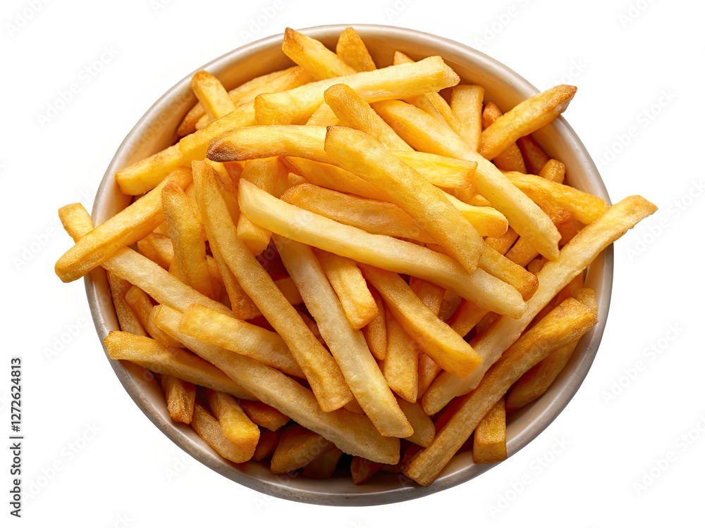High-resolution panoramic image: golden French fries isolated on a pristine white background. High-resolution panoramic image: golden French fries isolated on a pristine white background.