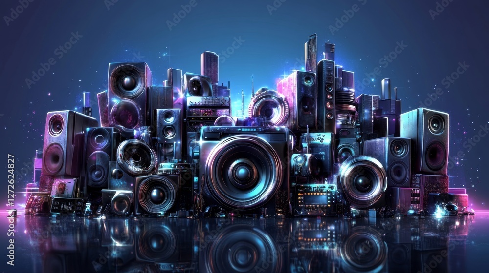 Obraz premium Audio Equipment Metropolis: A Symphony of Sound in Digital Art