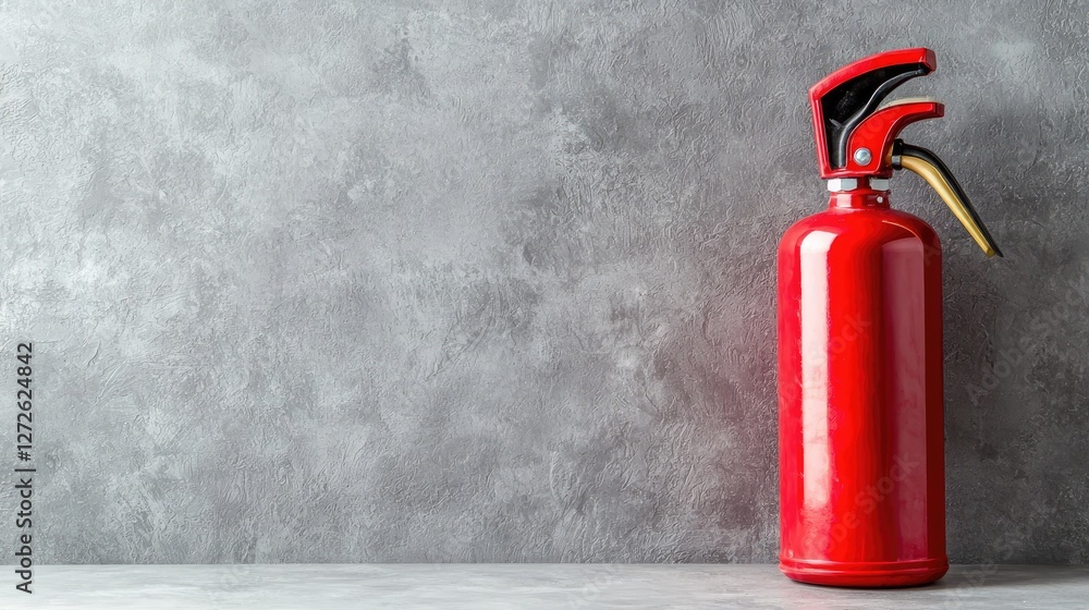 Fototapeta premium Red fire extinguisher standing against a textured grey concrete wall.