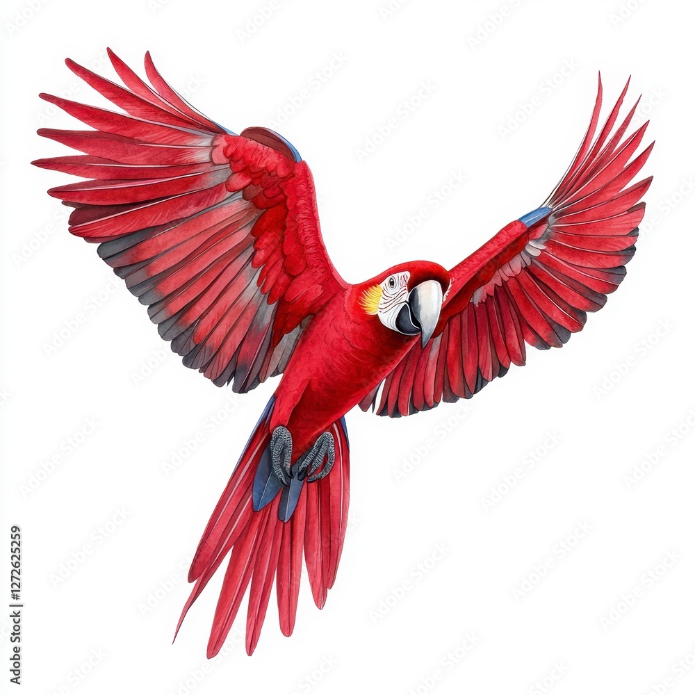 Obraz premium Scarlet Macaw in Flight A Detailed Watercolor Illustration
