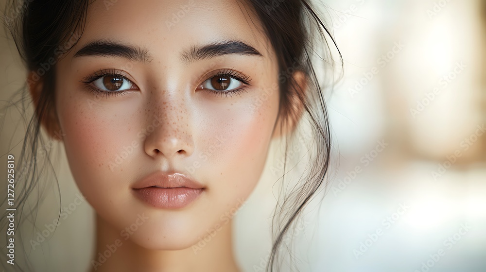 Naklejka premium A close-up of an Asian model with a smooth, flawless matte complexion, elegant beauty lighting softly illuminating her skin, blurred neutral background, modern luxury makeup branding, ultra-HD,