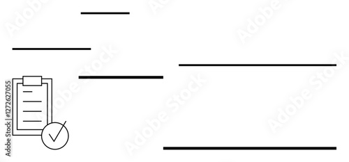 Clipboard with checklist and checkmark alongside horizontal lines denoting structure and flow. Ideal for productivity, task management, planning, organization, workflow, minimalism, and abstract line