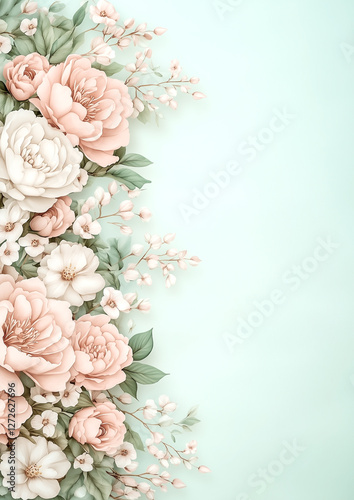A floral border is drawn around a green background. The flowers are pink and white. The border is made of flowers and leaves