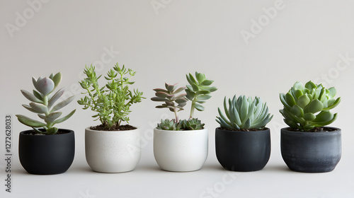 Succulent plants in modern black and white pots on a light background