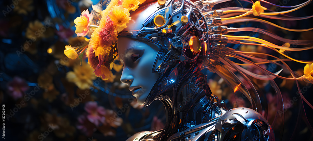 Obraz premium Science sun flowers humanoid cyborg in futuristic neon, ai generative