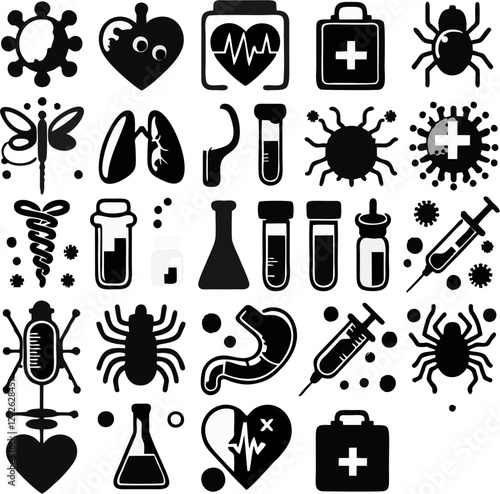 HIV Virus Organism, Medical and Virus Full Set Icons – Black and White Vector Illustration