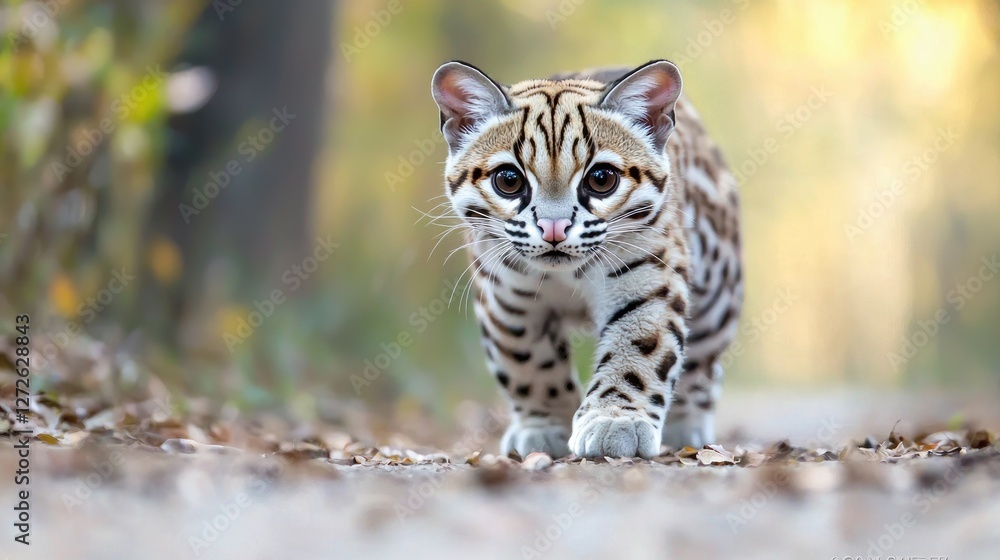 Wild cat walks forest path, autumn leaves Wild cat walks forest path, autumn leaves
