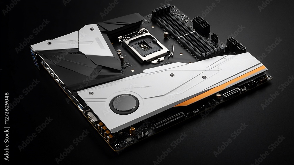Fototapeta premium High-End Gaming Motherboard: A Sleek Design in Black, White, and Orange