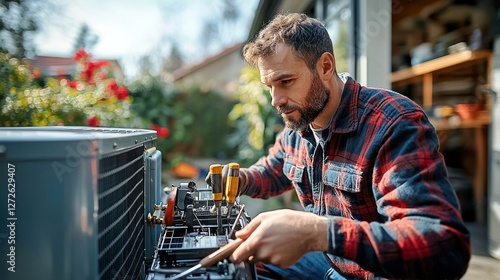 Skilled Technician Servicing Air Conditioning Unit Outdoors