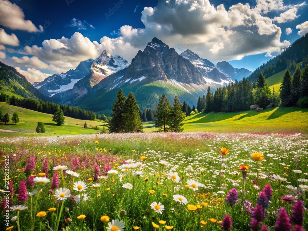 Naklejka premium Spring Meadow in Alpine Mountains, Rural Landscape, Flat Art Illustration