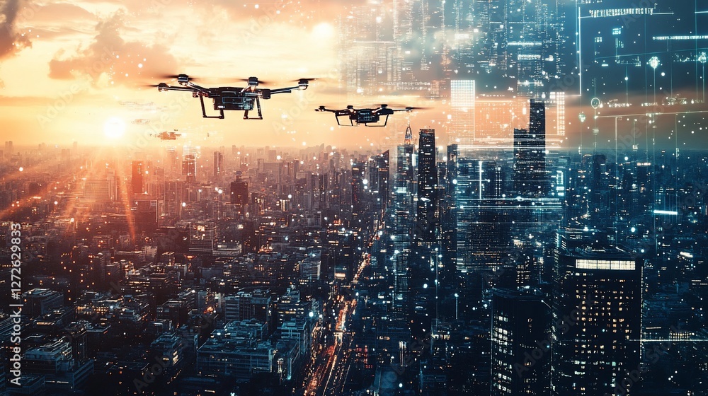 Drone Delivery System Over Futuristic Cityscape at Sunset Drone Delivery System Over Futuristic Cityscape at Sunset