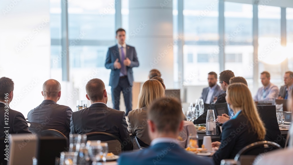 Obraz premium Speaker presenting at business presentation convention. Coaching, education workshop, lecture in seminar hall, convention center concept