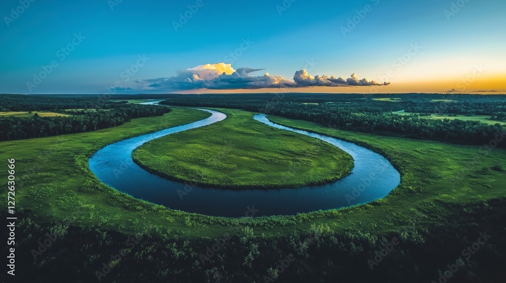 Obraz premium Serene River Landscape Sunset Panorama Aerial View Nature Photography