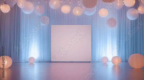 A blank 36 x 24-inch welcome sign mockup positioned at the entrance of a high school prom celebration. The space is adorned with shimmering silver and blue decorations, delicate hanging lanterns, and